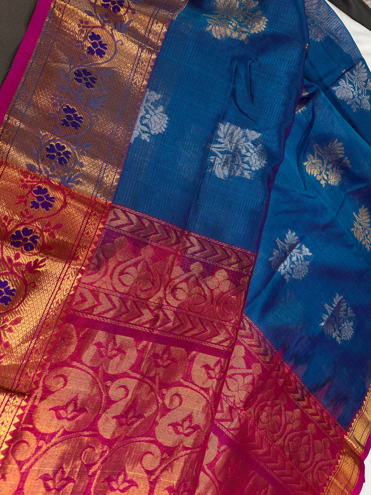 Pure Mangalgiri Blue Pink Saree - 