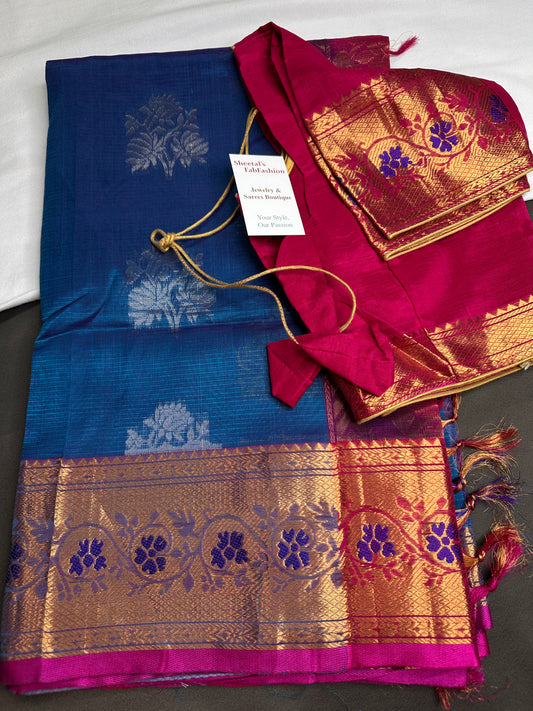 Pure Mangalgiri Blue Pink Saree - 