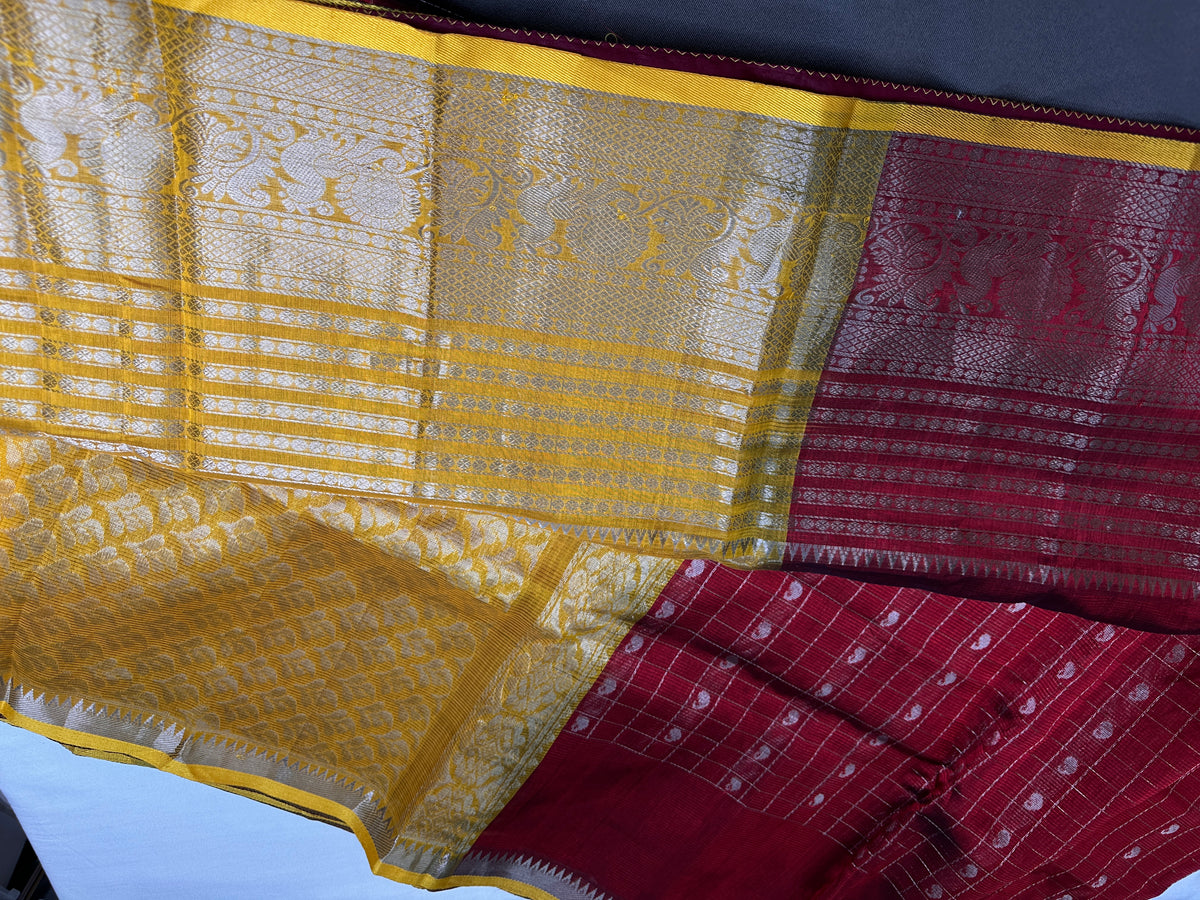 Pure Mangalgiri Red Yellow Saree with Stitched Blouse - SR001074