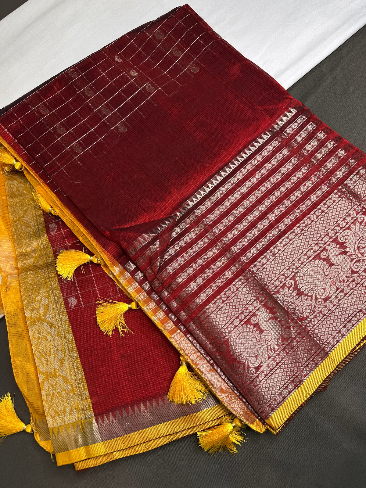 Pure Mangalgiri Red Yellow Saree with Stitched Blouse - SR001074