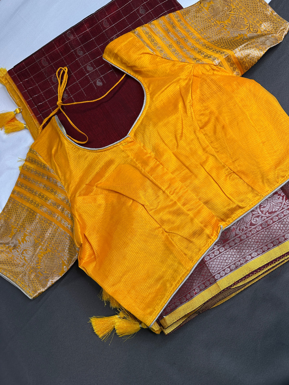 Pure Mangalgiri Red Yellow Saree with Stitched Blouse - SR001074