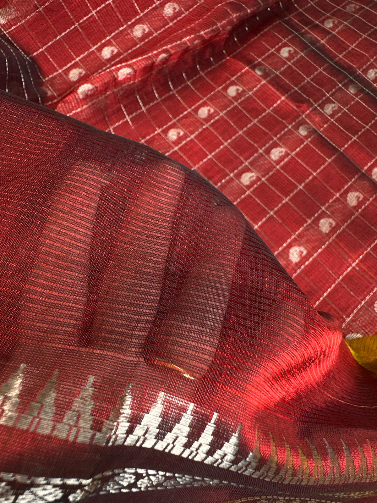 Pure Mangalgiri Red Yellow Saree with Stitched Blouse - SR001074