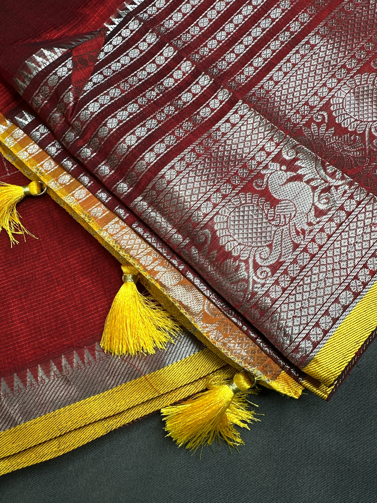 Pure Mangalgiri Red Yellow Saree with Stitched Blouse - SR001074