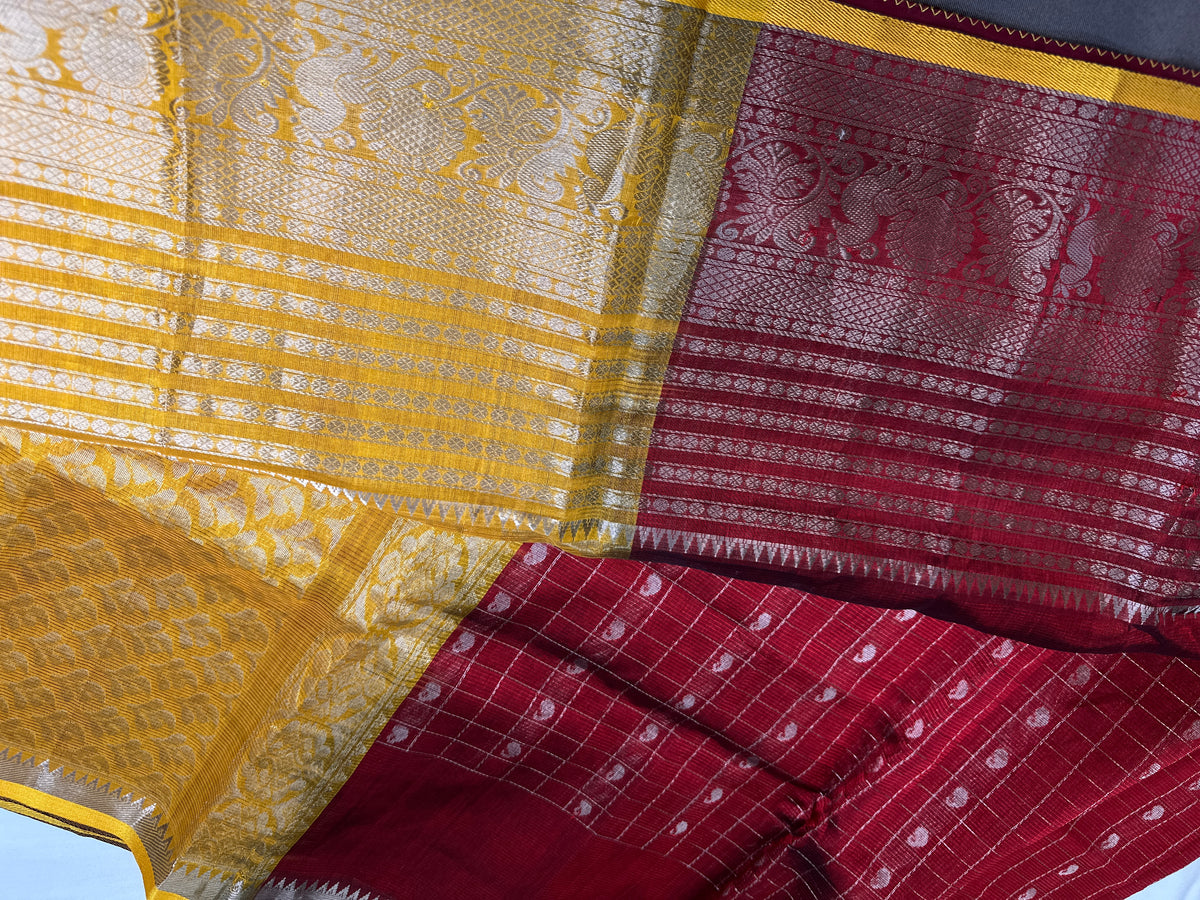 Pure Mangalgiri Red Yellow Saree with Stitched Blouse - SR001074