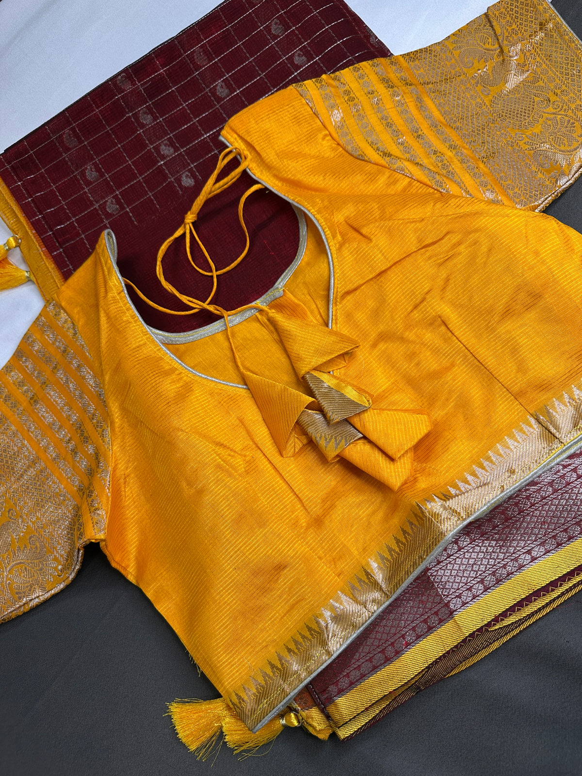 Pure Mangalgiri Red Yellow Saree with Stitched Blouse - SR001074