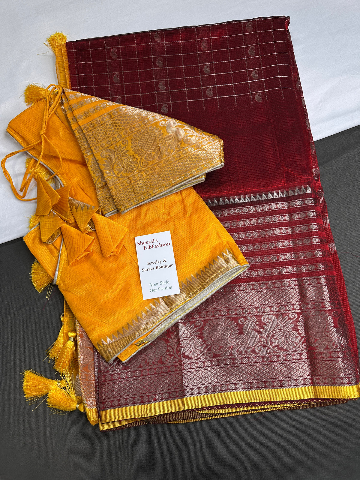 Pure Mangalgiri Red Yellow Saree with Stitched Blouse - SR001074