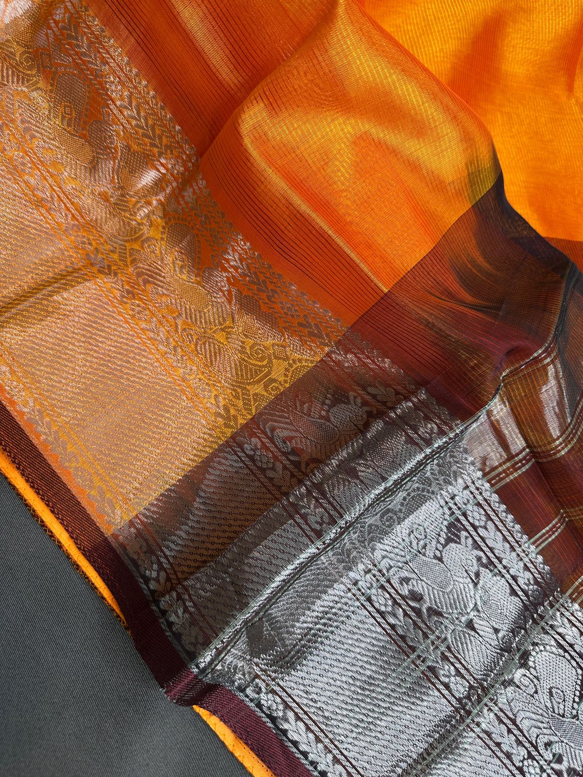 Pure Mangalgiri Brown Orange Saree with Stitched Blouse - SR001075