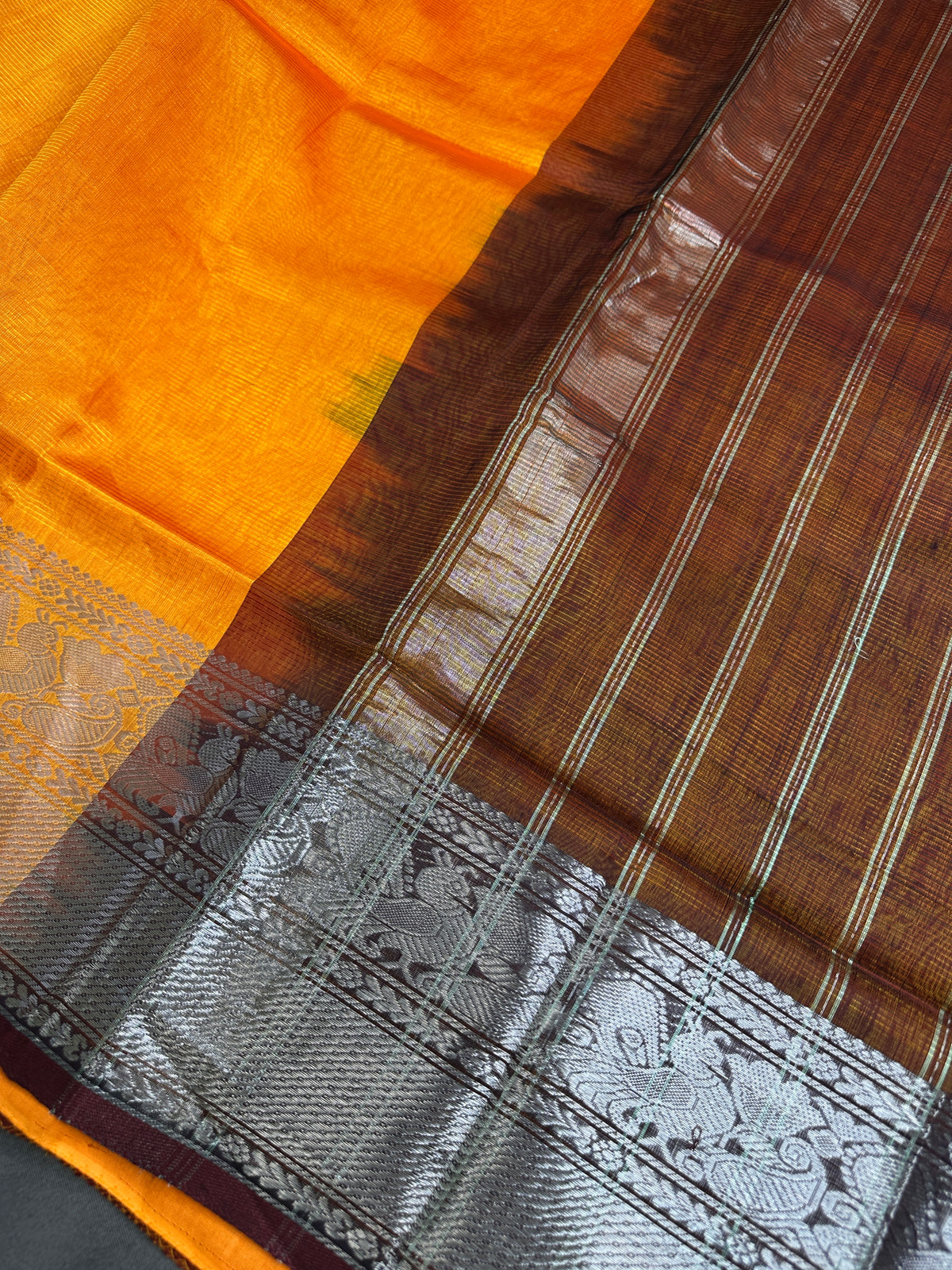 Pure Mangalgiri Brown Orange Saree with Stitched Blouse - SR001075