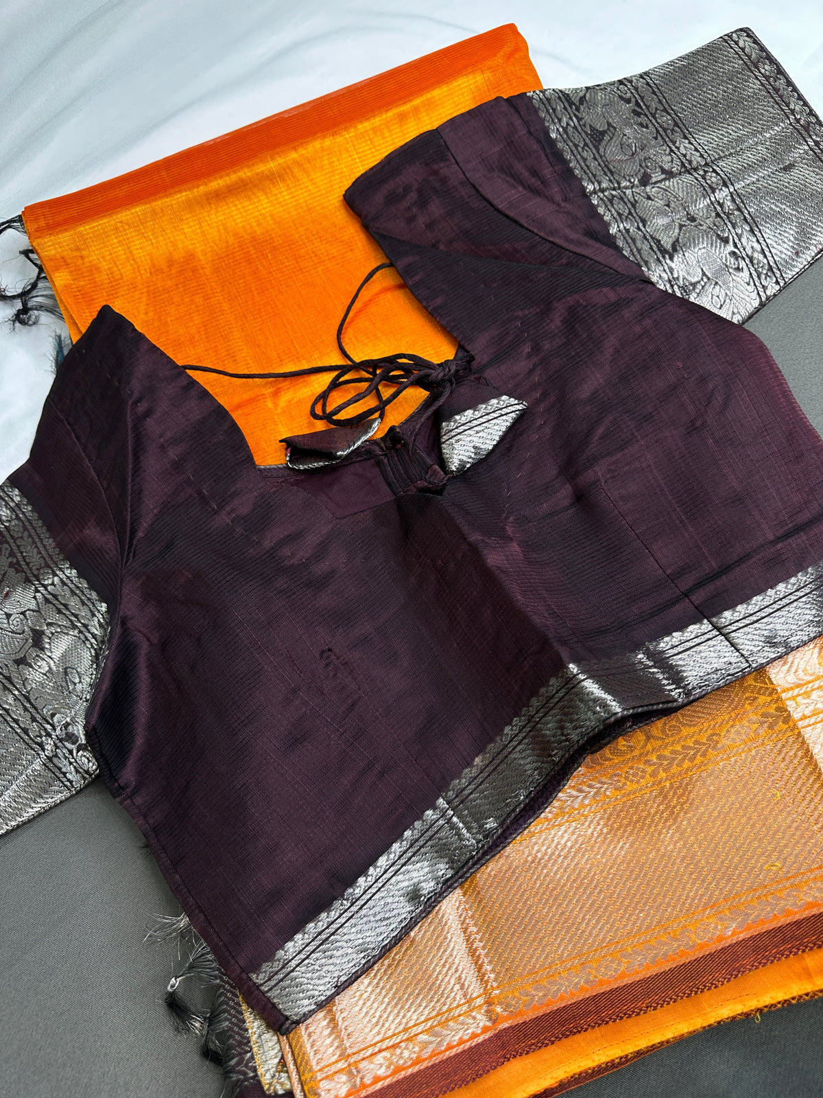 Pure Mangalgiri Brown Orange Saree with Stitched Blouse - SR001075