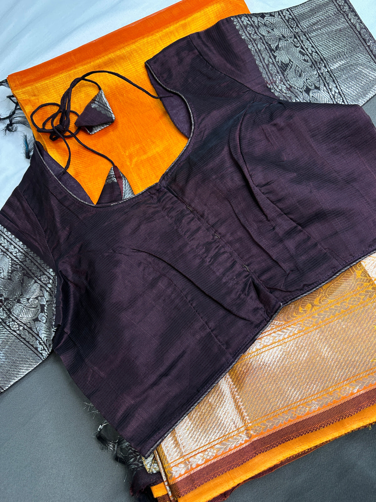 Pure Mangalgiri Brown Orange Saree with Stitched Blouse - SR001075