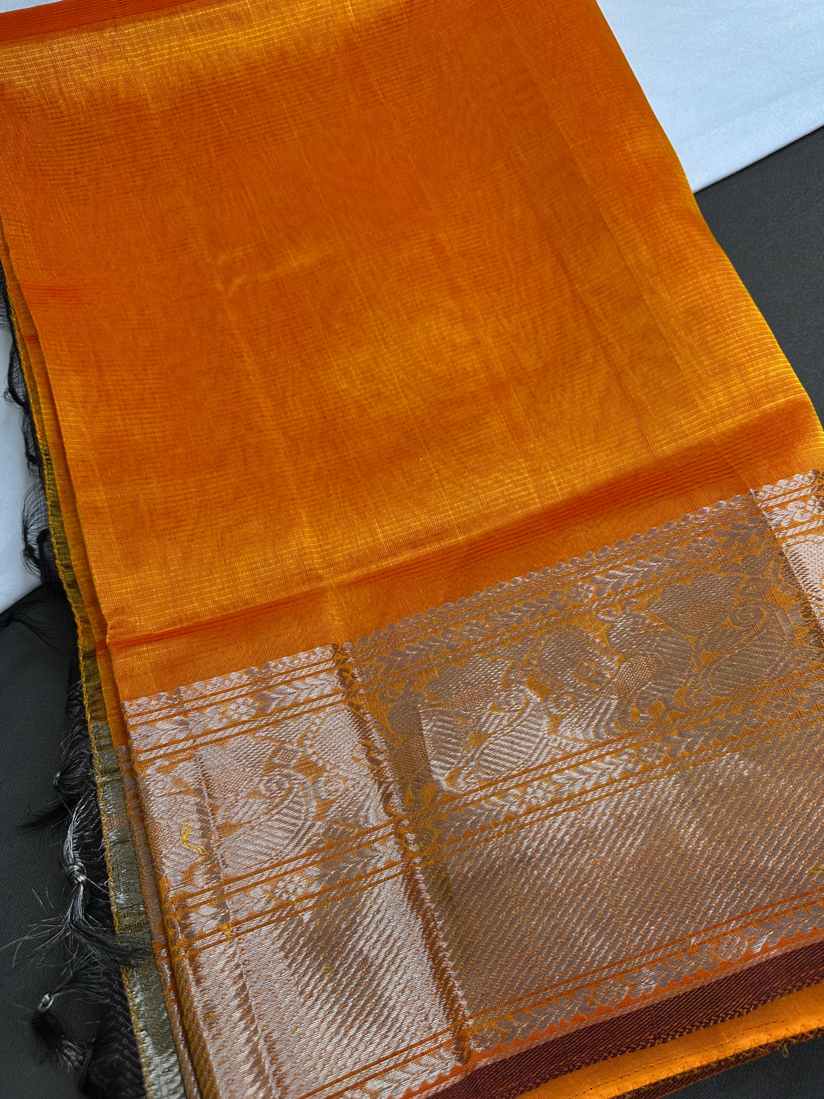 Pure Mangalgiri Brown Orange Saree with Stitched Blouse - SR001075