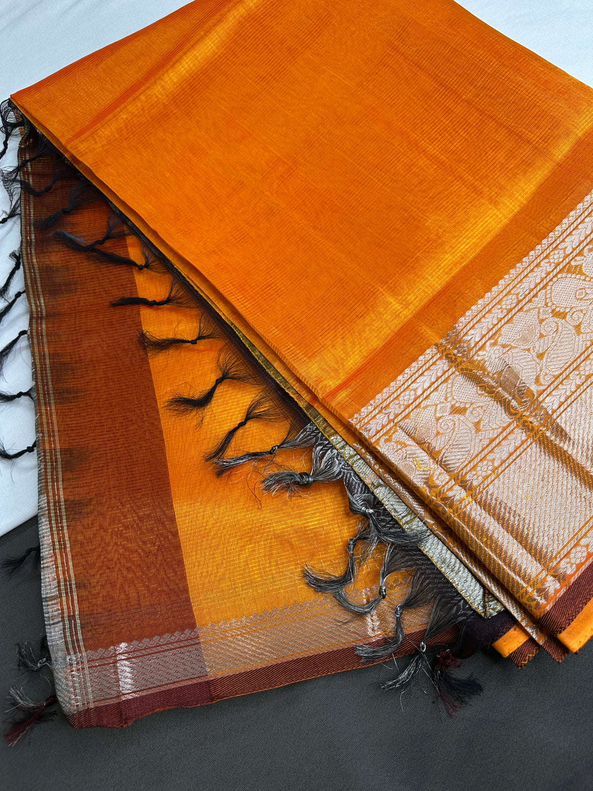 Pure Mangalgiri Brown Orange Saree with Stitched Blouse - SR001075