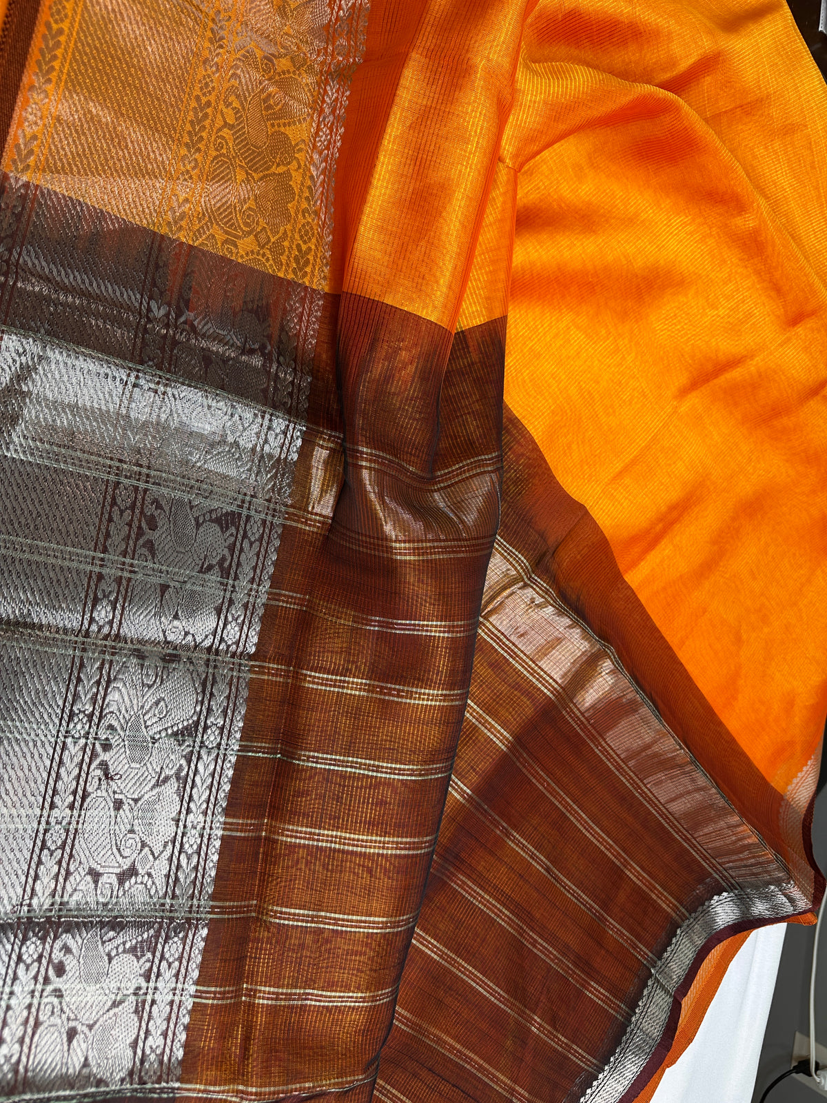 Pure Mangalgiri Brown Orange Saree with Stitched Blouse - SR001075