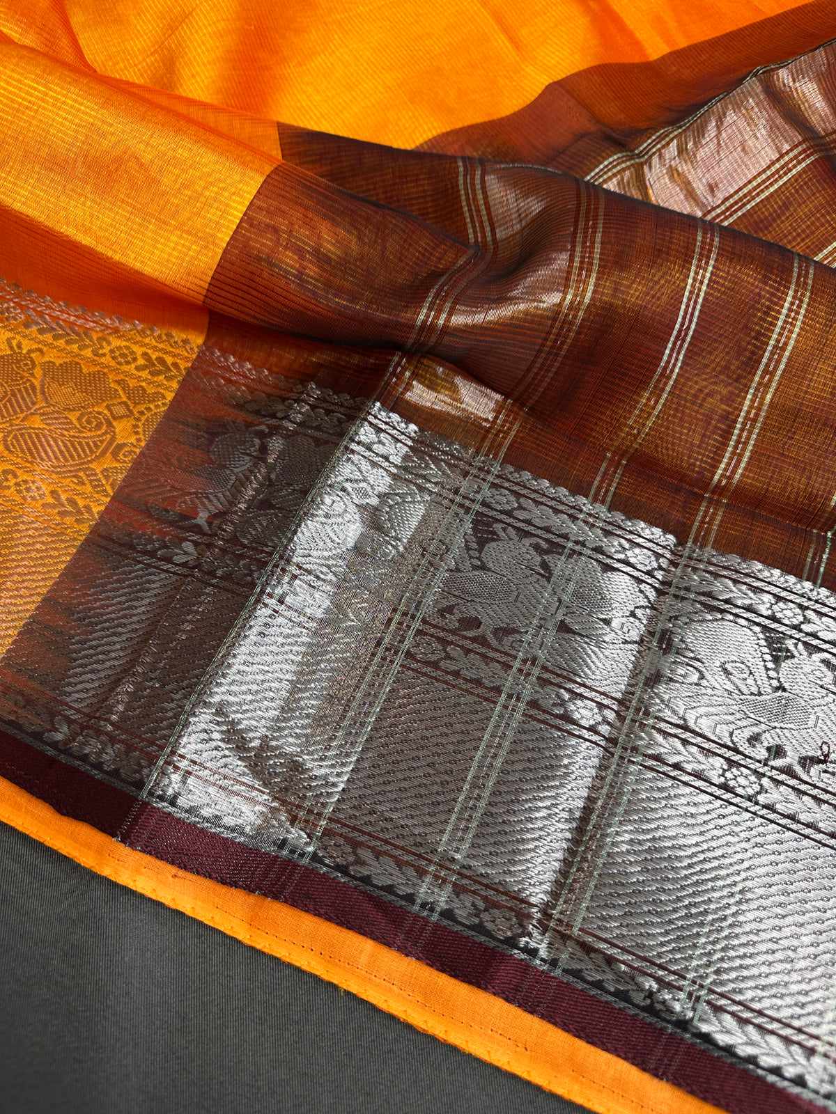 Pure Mangalgiri Brown Orange Saree with Stitched Blouse - SR001075