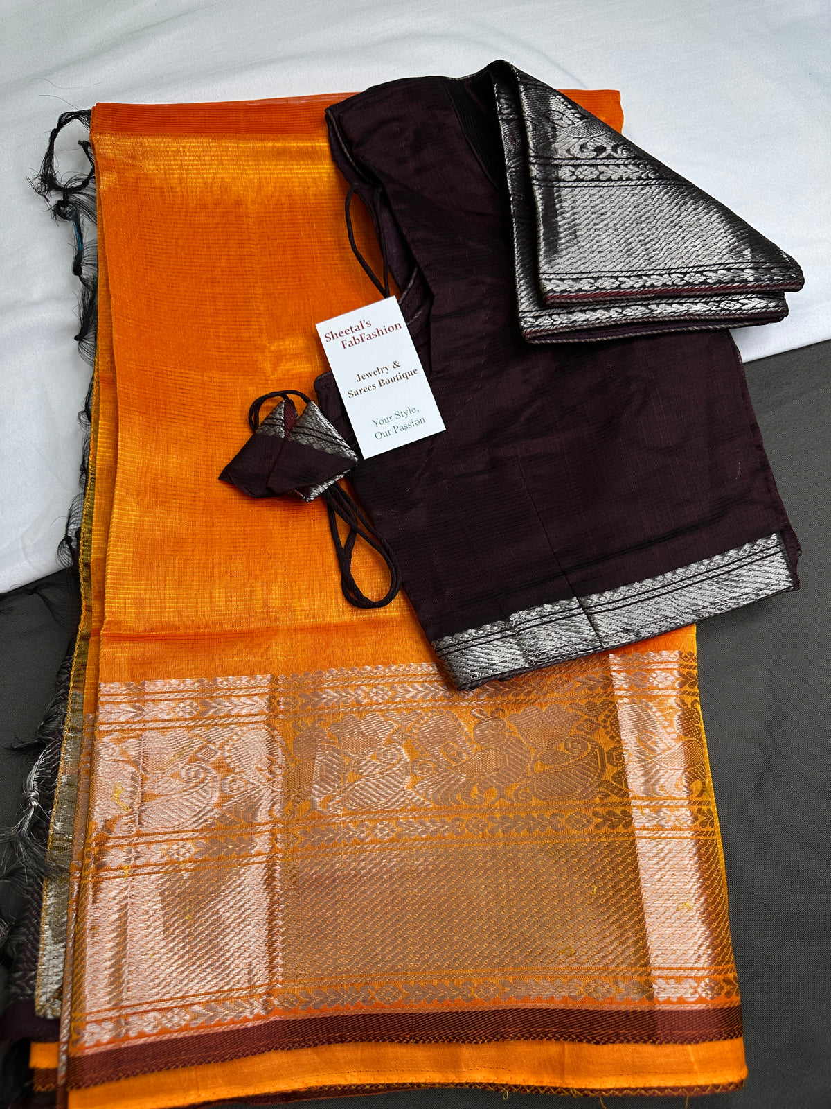 Pure Mangalgiri Brown Orange Saree with Stitched Blouse - SR001075