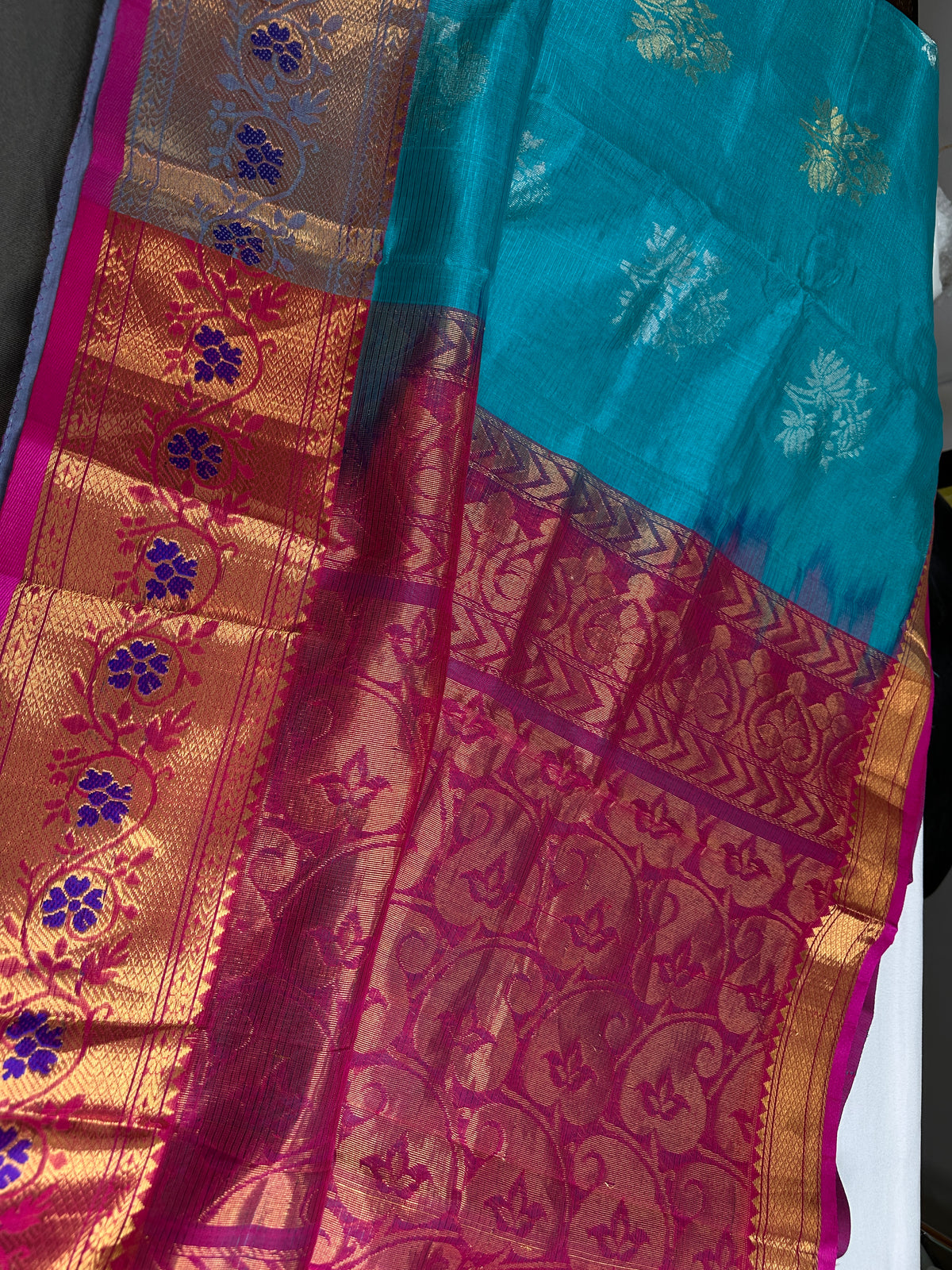 Pure Mangalgiri Blue Pink Saree with Stitched Blouse - SR001076