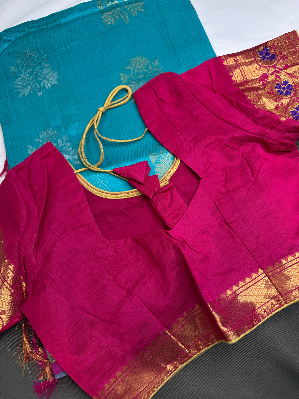 Pure Mangalgiri Blue Pink Saree with Stitched Blouse - SR001076