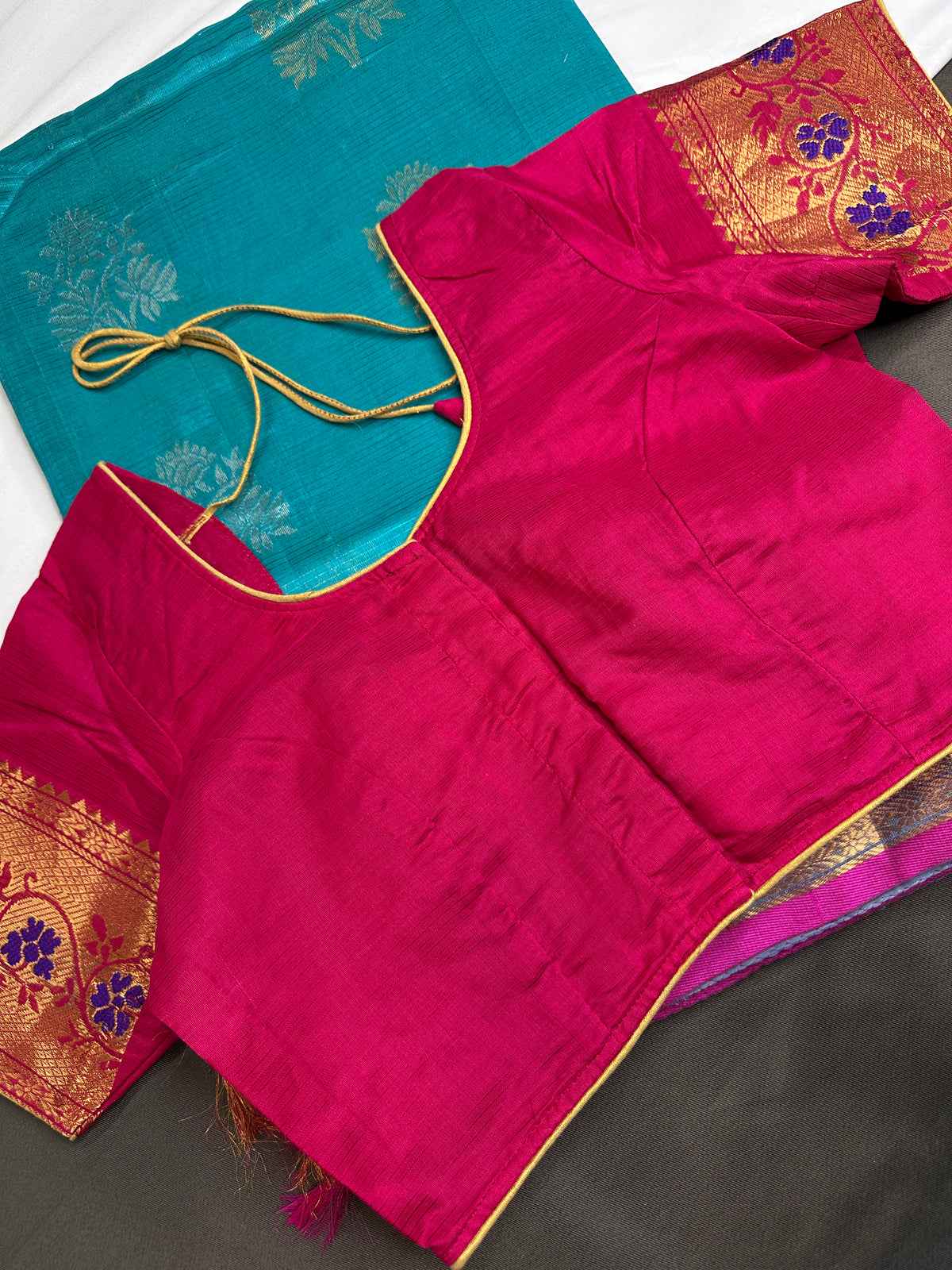 Pure Mangalgiri Blue Pink Saree with Stitched Blouse - SR001076