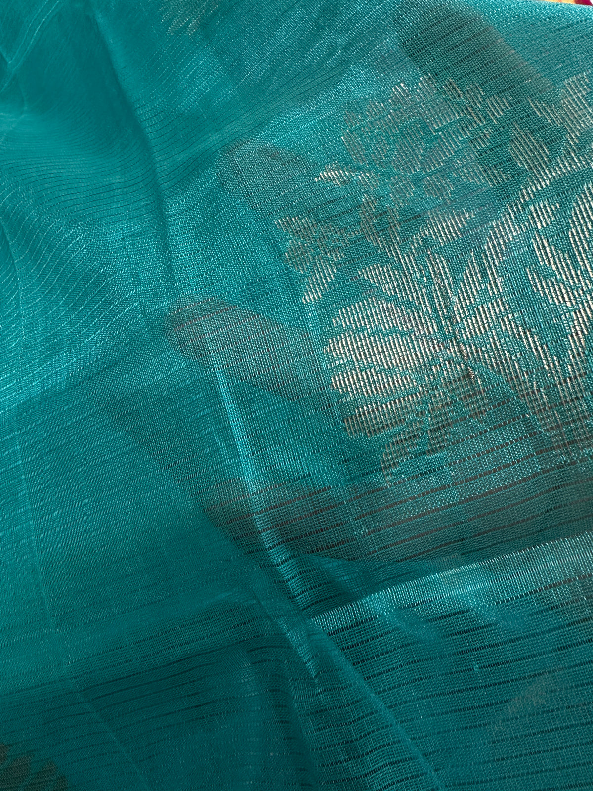 Pure Mangalgiri Blue Pink Saree with Stitched Blouse - SR001076