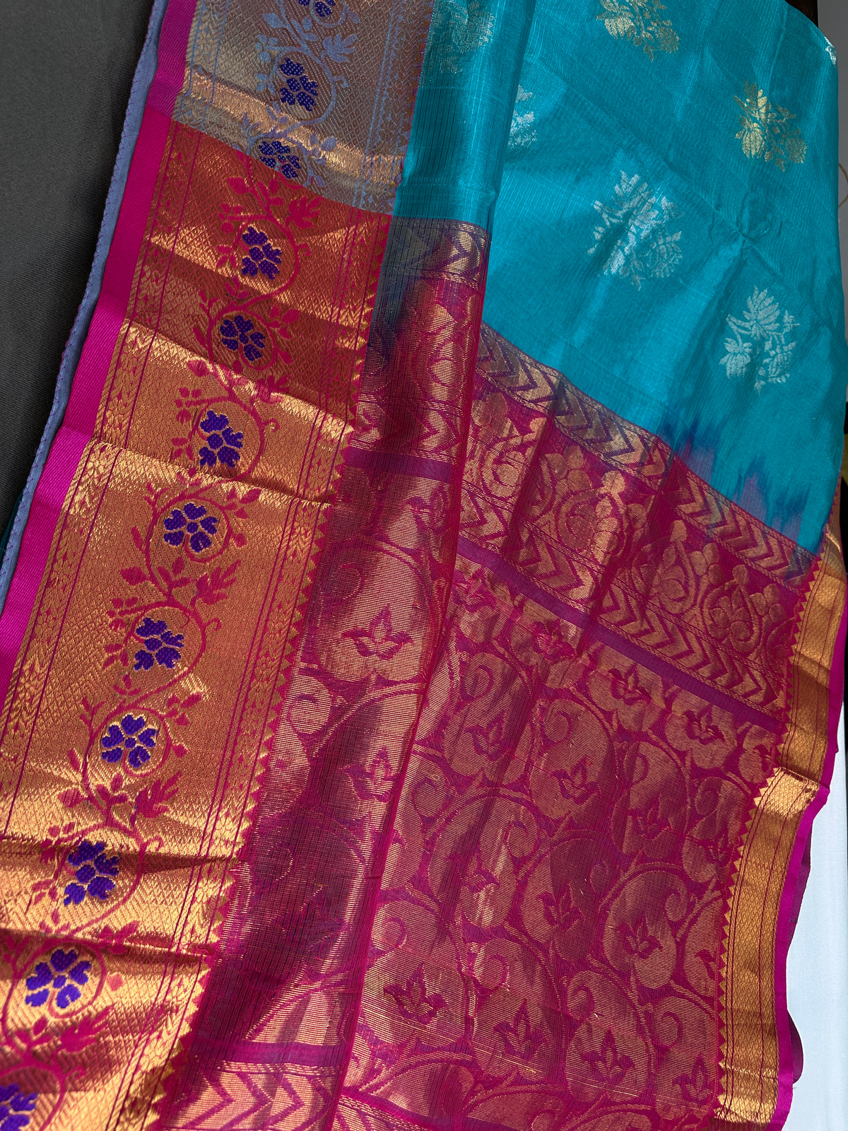 Pure Mangalgiri Blue Pink Saree with Stitched Blouse - SR001076
