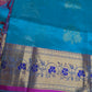 Pure Mangalgiri Blue Pink Saree with Stitched Blouse - SR001076