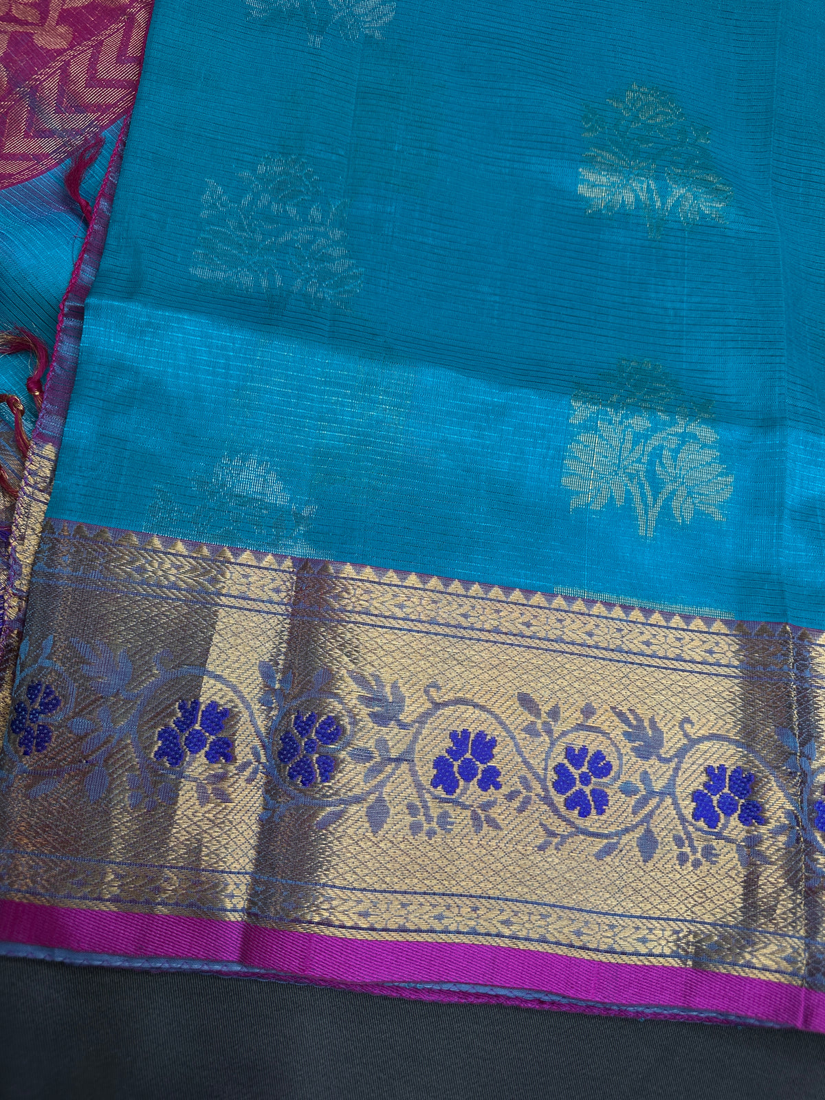 Pure Mangalgiri Blue Pink Saree with Stitched Blouse - SR001076