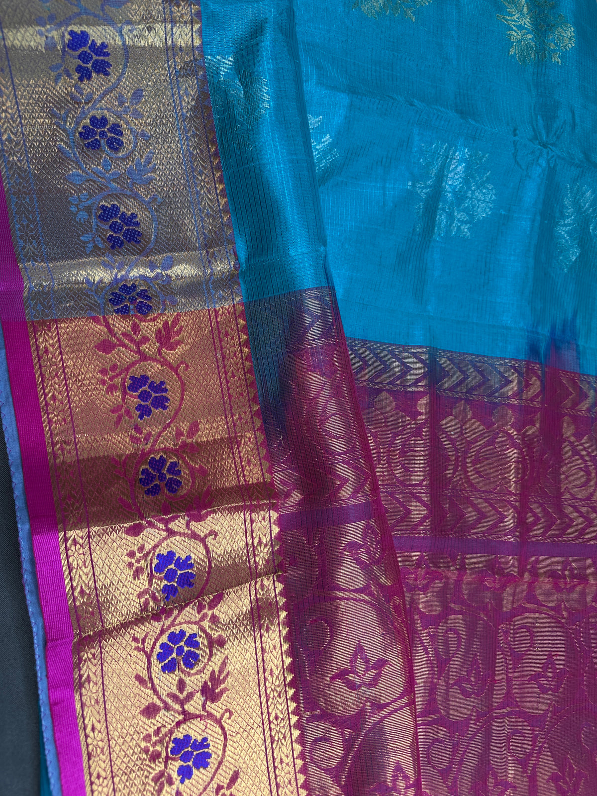 Pure Mangalgiri Blue Pink Saree with Stitched Blouse - SR001076