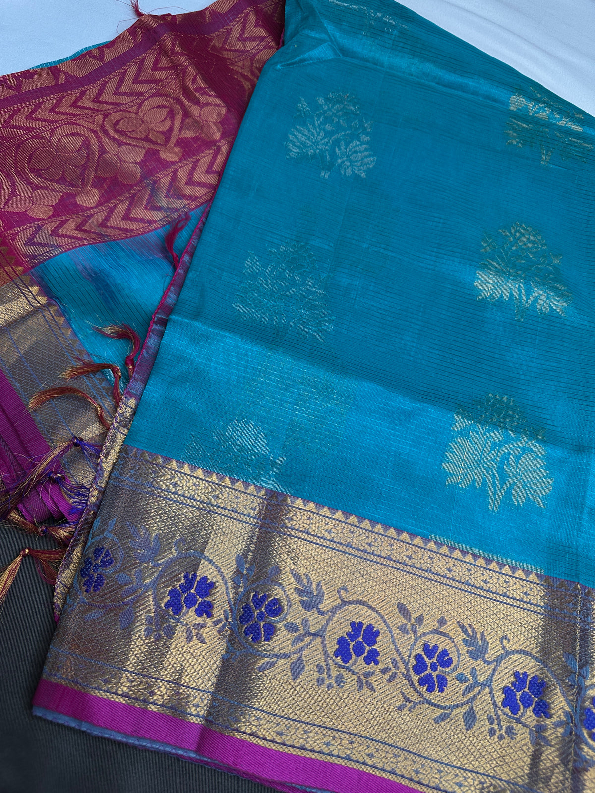 Pure Mangalgiri Blue Pink Saree with Stitched Blouse - SR001076
