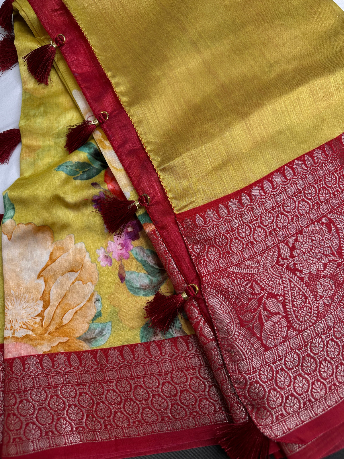 Yellow Green Chanderi Silk Saree with Mangalgiri Border - SR001078