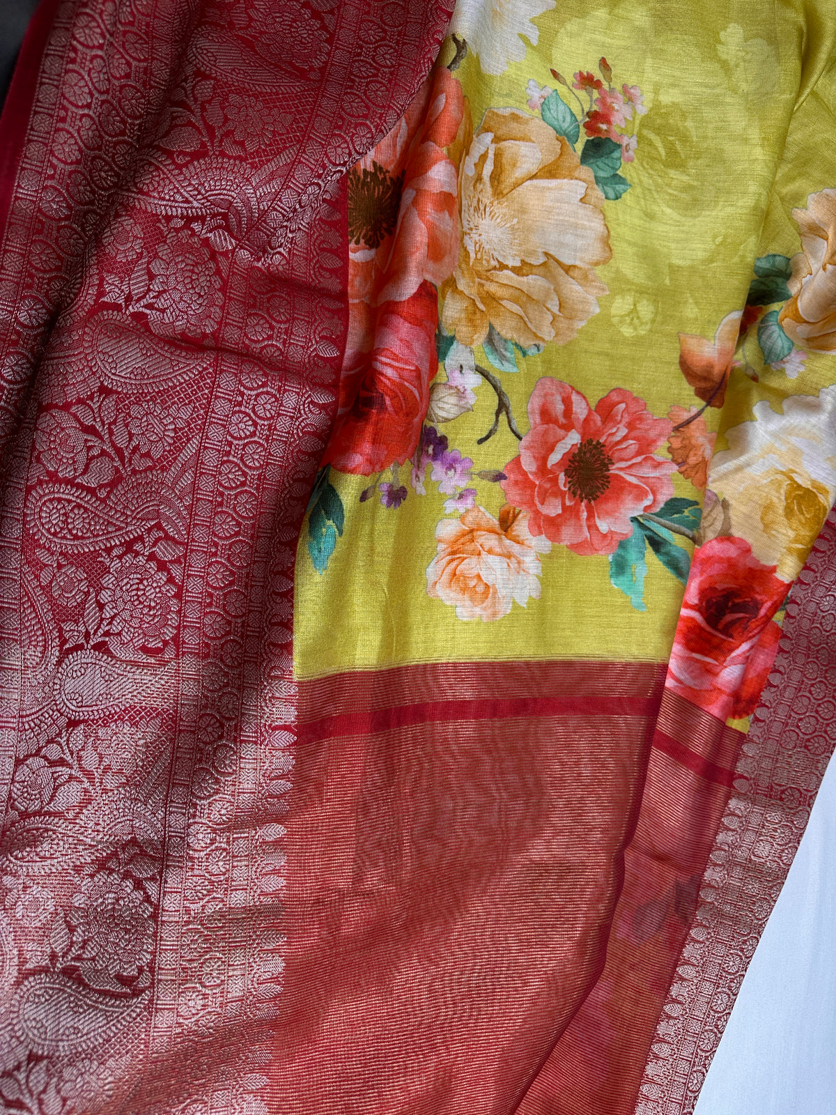 Yellow Green Chanderi Silk Saree with Mangalgiri Border - SR001078