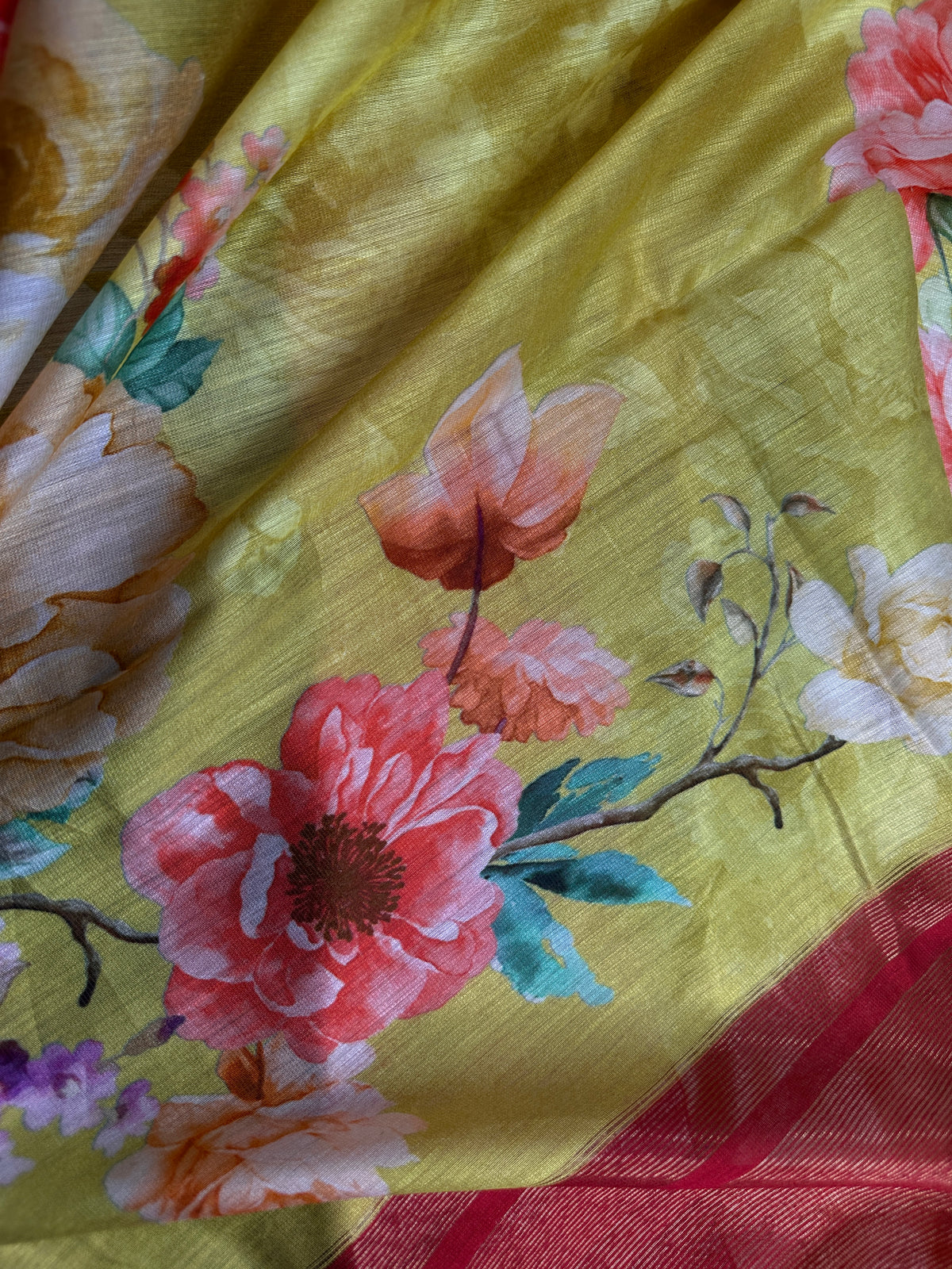 Yellow Green Chanderi Silk Saree with Mangalgiri Border - SR001078