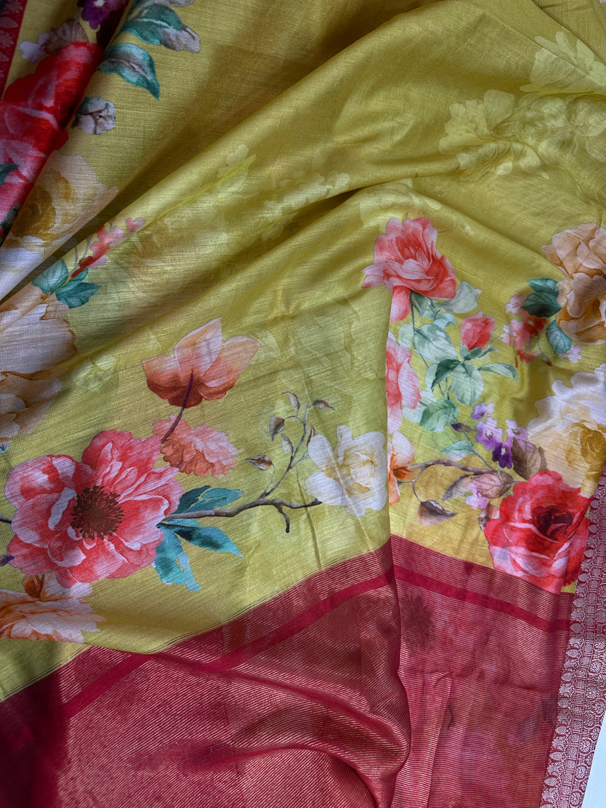 Yellow Green Chanderi Silk Saree with Mangalgiri Border - SR001078