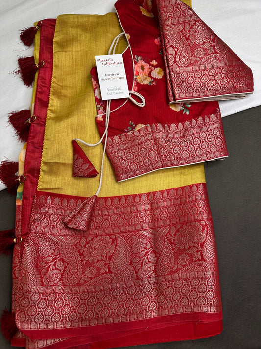 Yellow Green Chanderi Silk Saree with Mangalgiri Border - SR001078