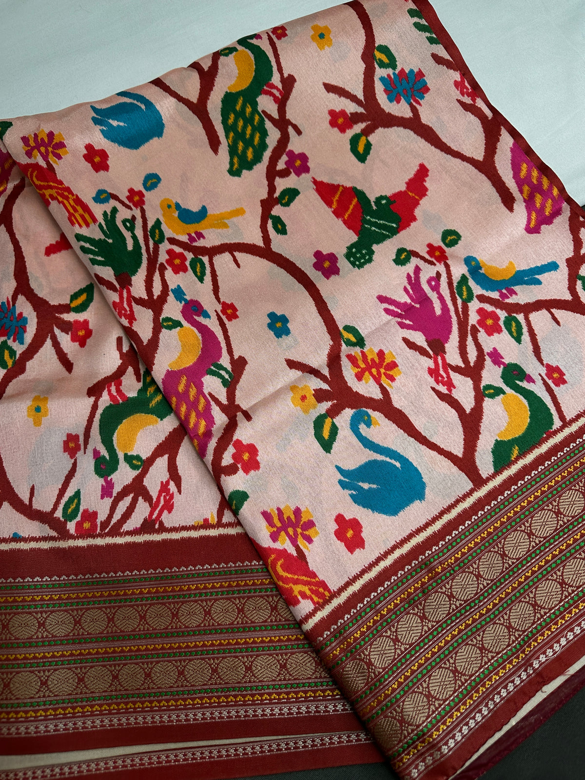 Red Multicolor Printed Saree with Mangalgiri Border - SR001080