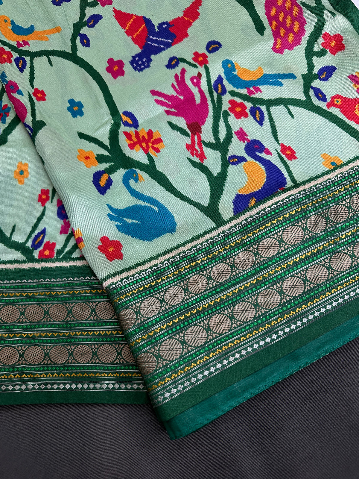 Green Multicolor Printed Saree with Mangalgiri Border - SR001082