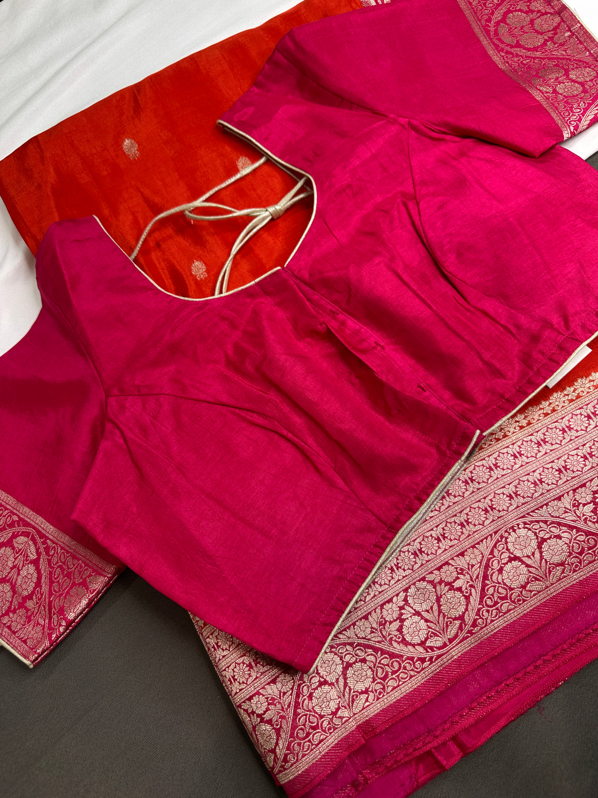 Orange Pink Semi Silk Saree with Stitched Blouse - SR001084