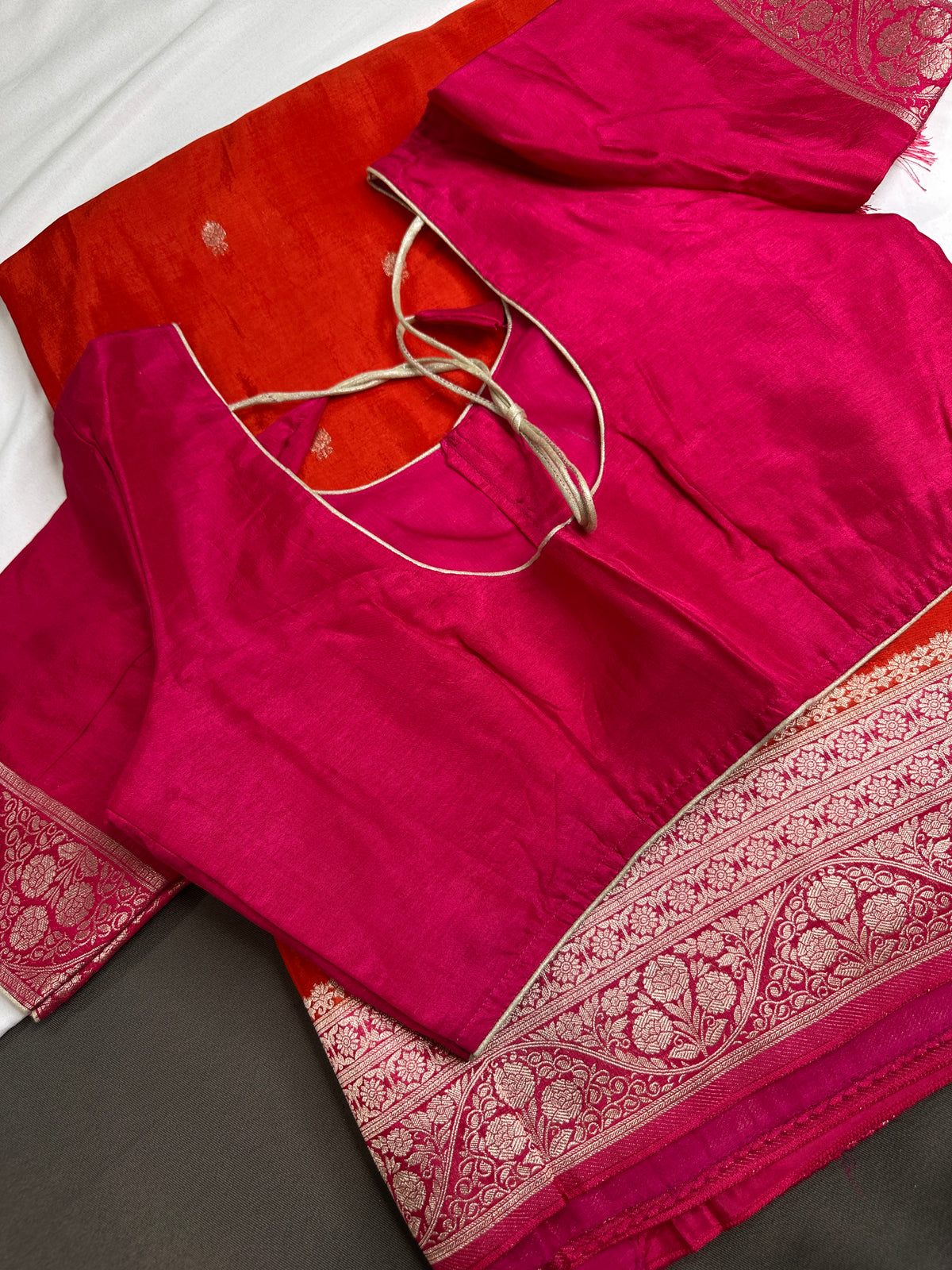 Orange Pink Semi Silk Saree with Stitched Blouse - SR001084