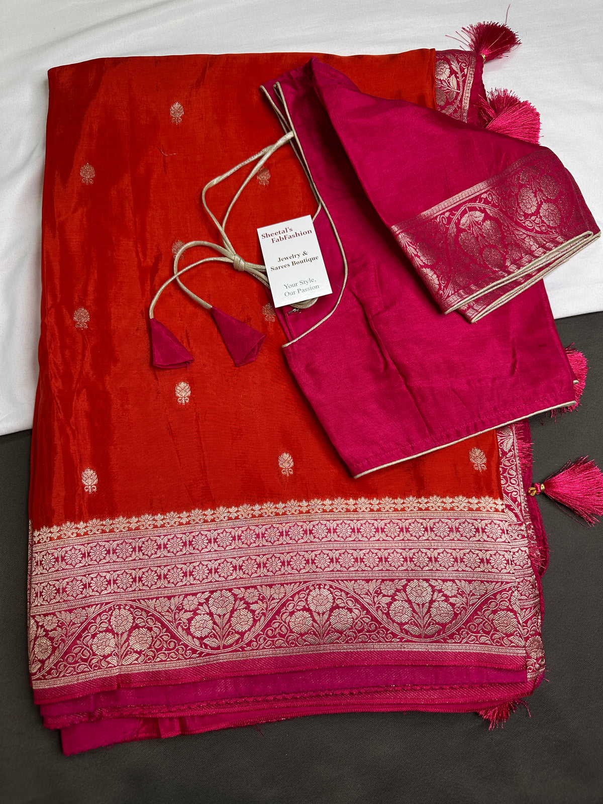 Orange Pink Semi Silk Saree with Stitched Blouse - SR001084