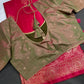 Pink Green Semi Kanchi Silk Saree with Stitched Blouse - SR001086