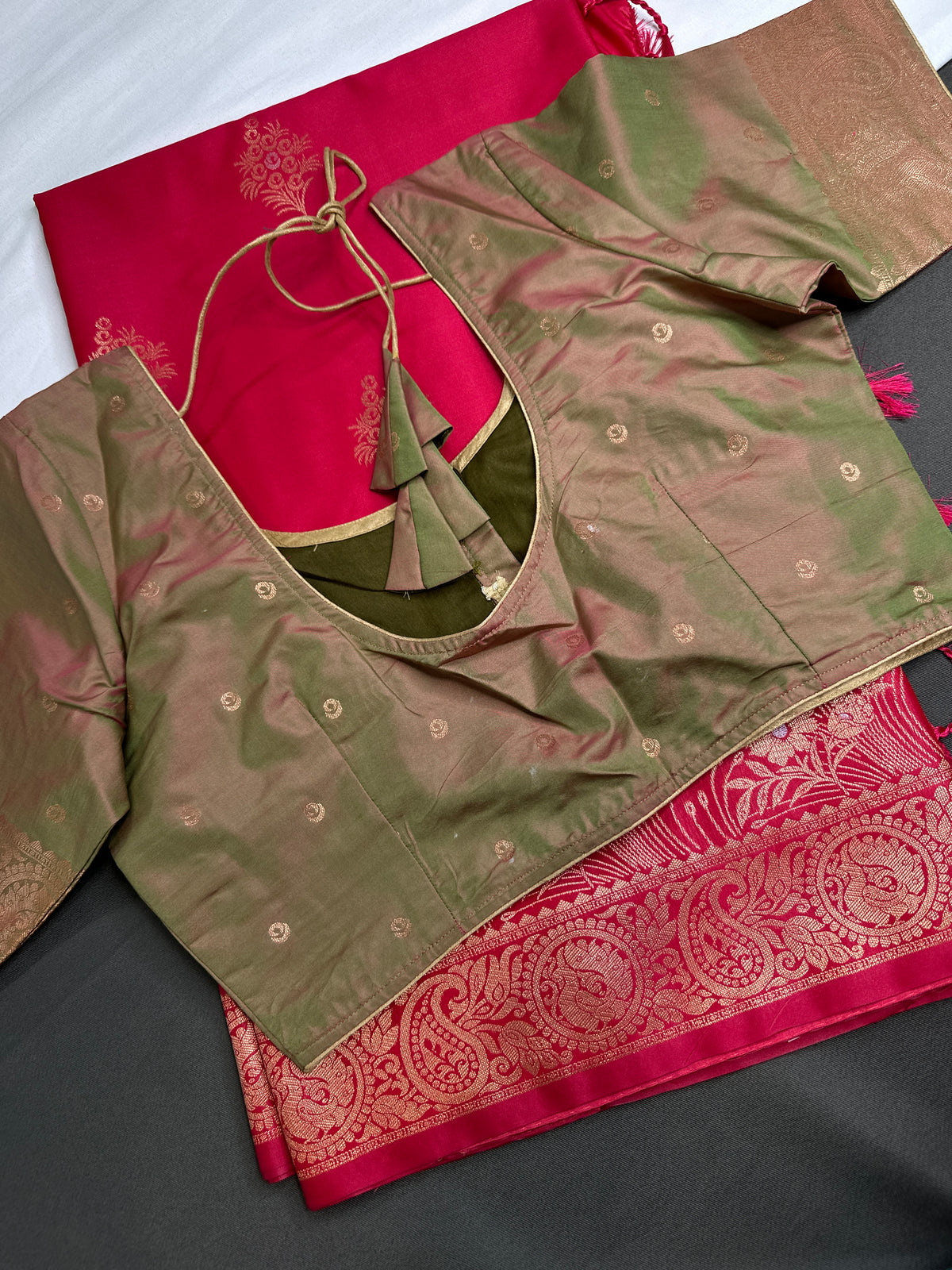 Pink Green Semi Kanchi Silk Saree with Stitched Blouse - SR001086