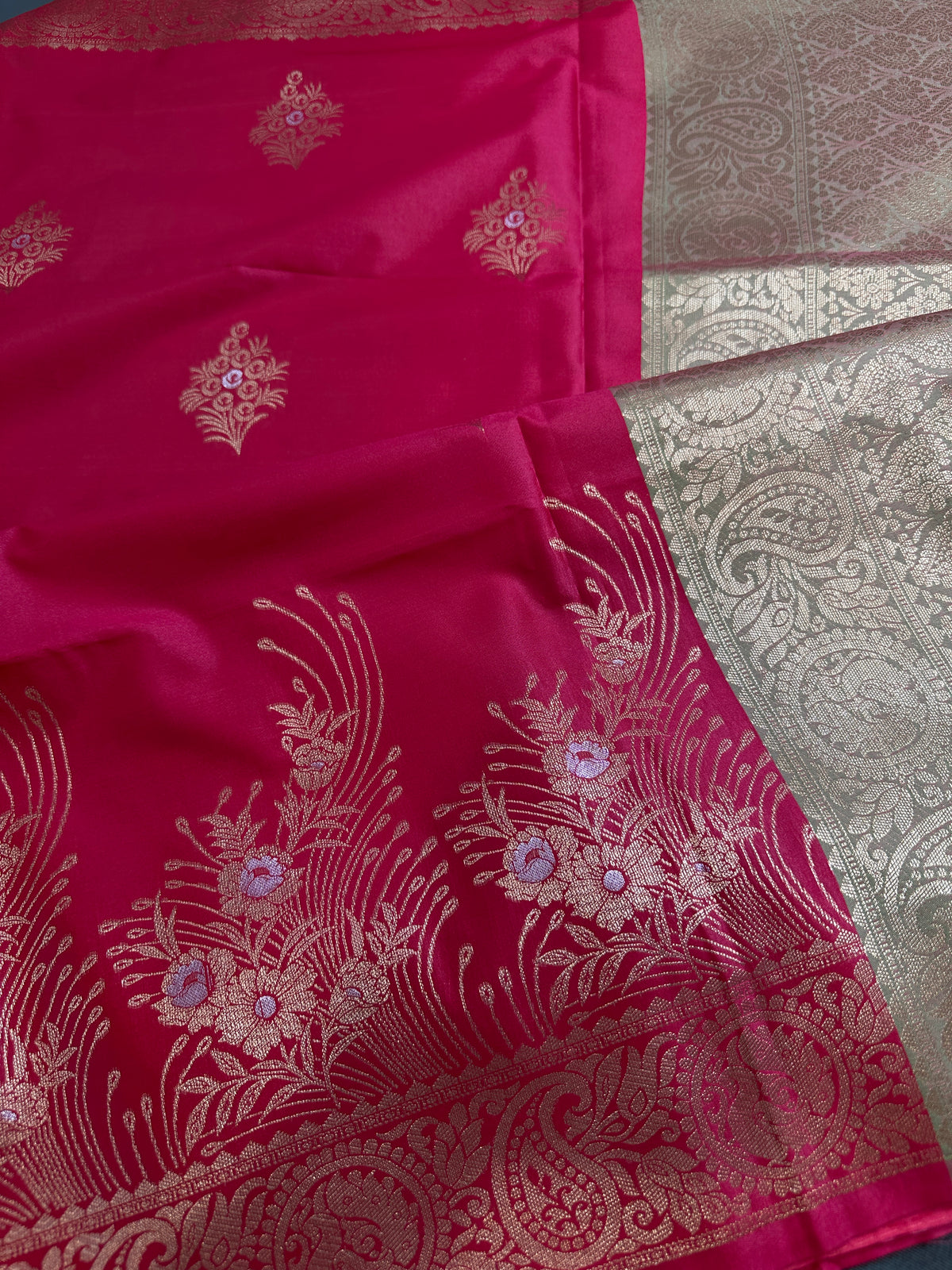 Pink Green Semi Kanchi Silk Saree with Stitched Blouse - SR001086