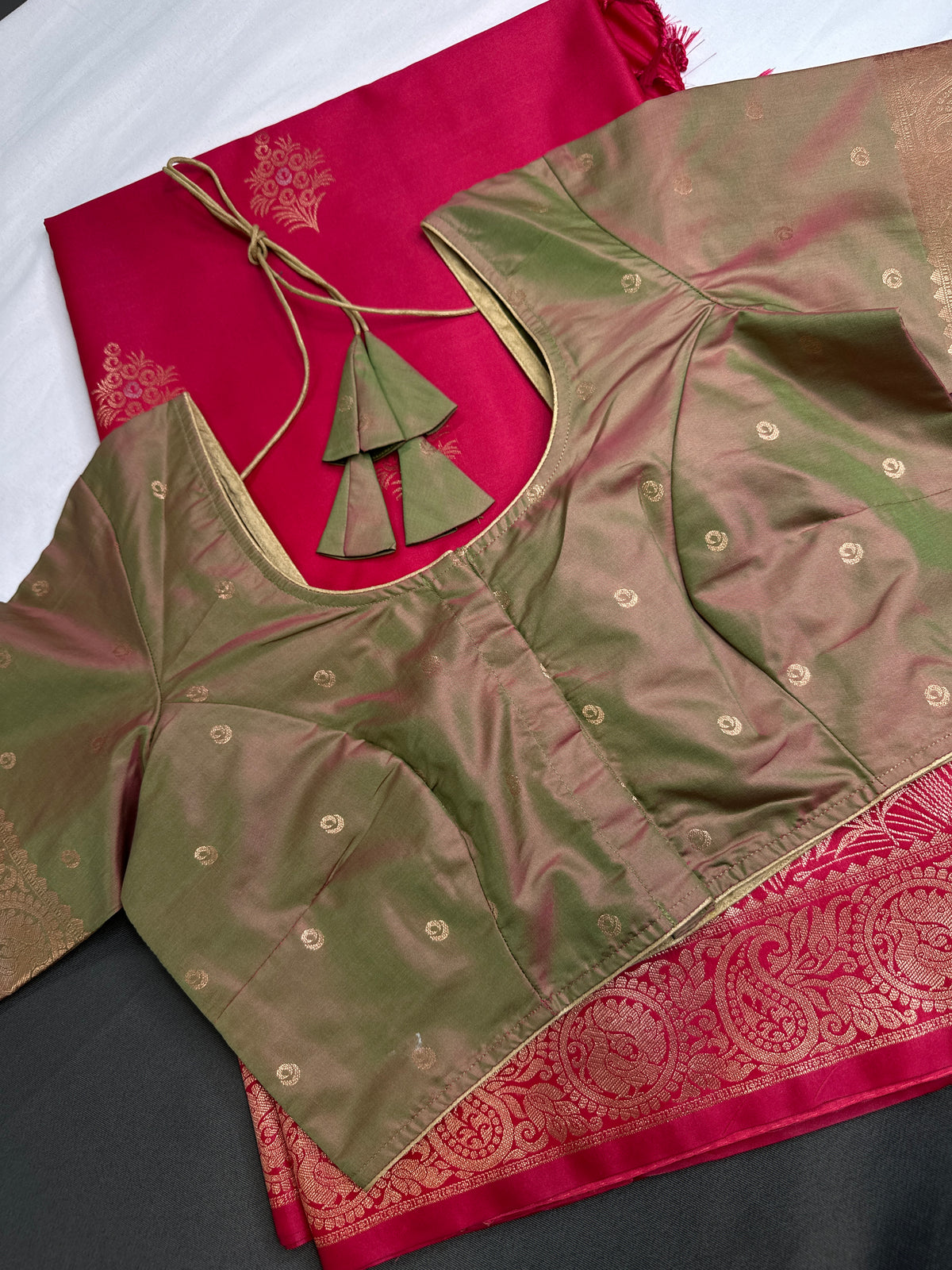 Pink Green Semi Kanchi Silk Saree with Stitched Blouse - SR001086