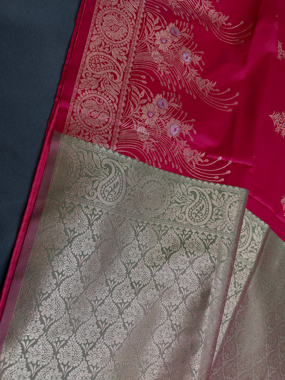 Pink Green Semi Kanchi Silk Saree with Stitched Blouse - SR001086
