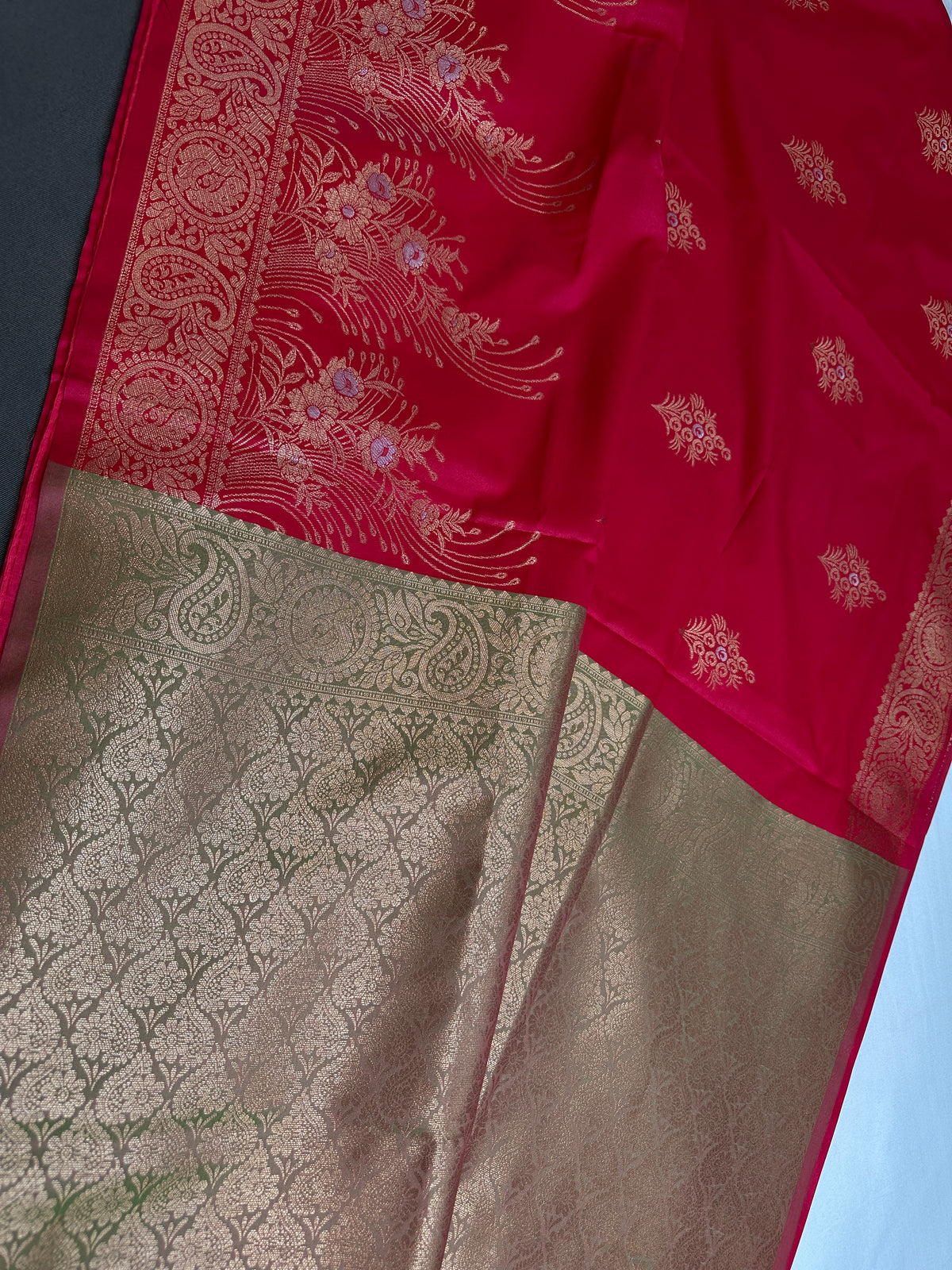 Pink Green Semi Kanchi Silk Saree with Stitched Blouse - SR001086