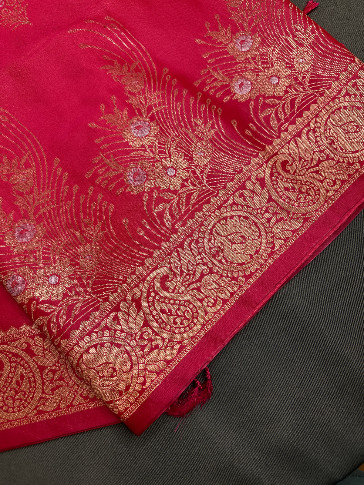 Pink Green Semi Kanchi Silk Saree with Stitched Blouse - SR001086