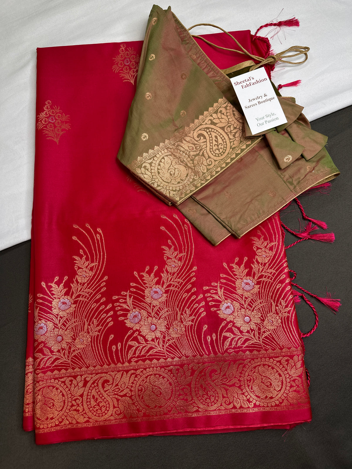 Pink Green Semi Kanchi Silk Saree with Stitched Blouse - SR001086