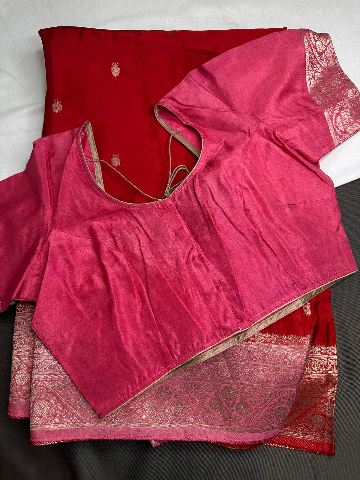 Red Pink Semi Silk Saree with Stitched Blouse - SR001087