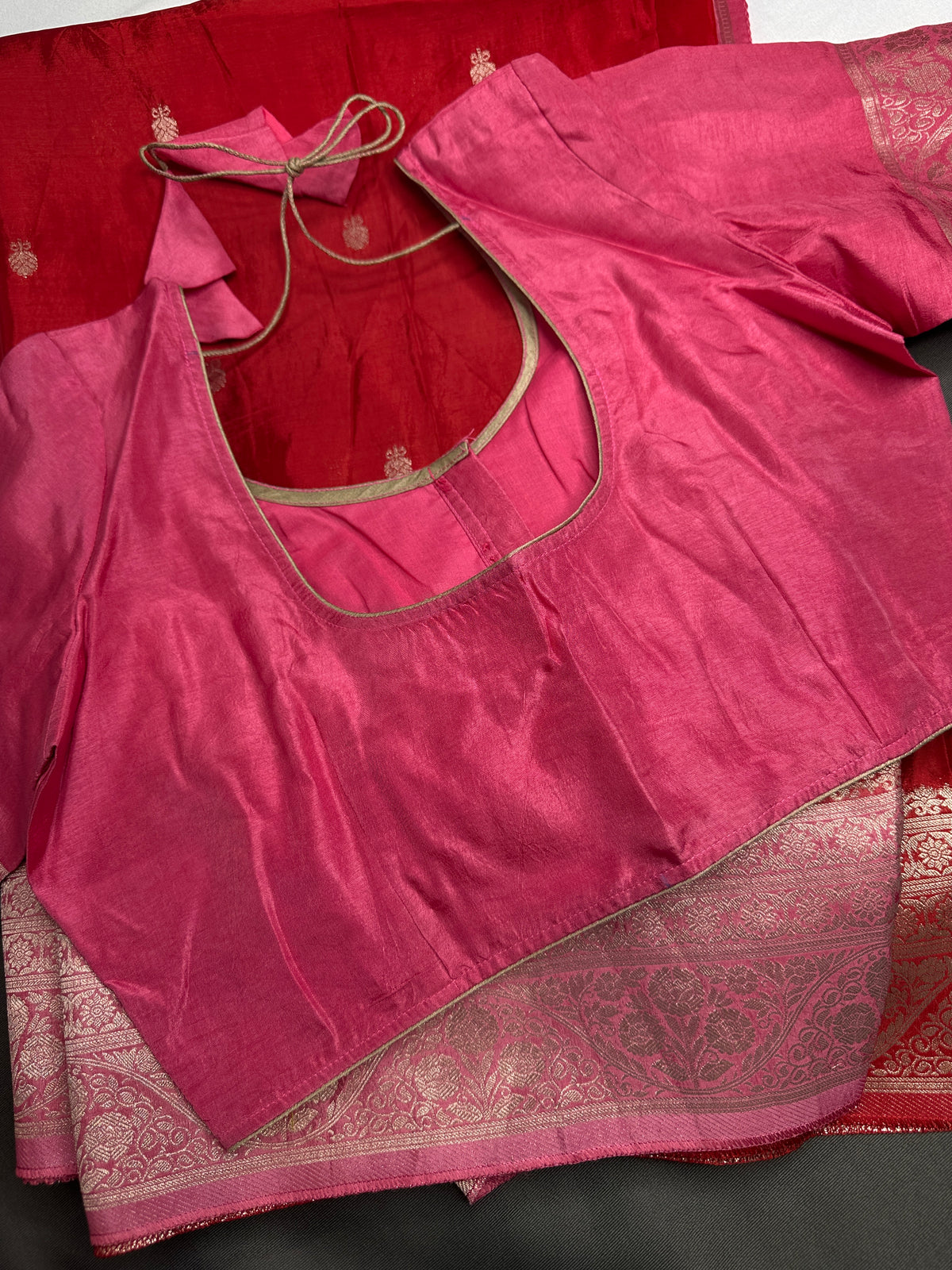 Red Pink Semi Silk Saree with Stitched Blouse - SR001087