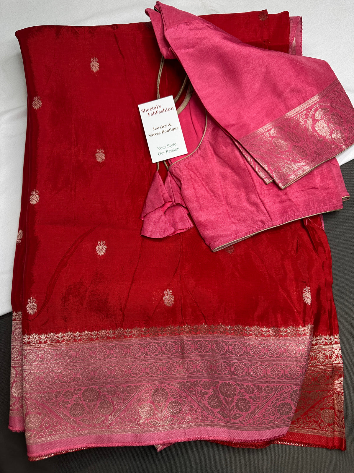Red Pink Semi Silk Saree with Stitched Blouse - SR001087
