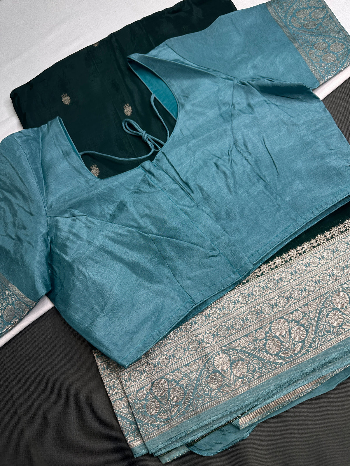 Green Blue Semi Silk Saree with Stitched Blouse - SR001088